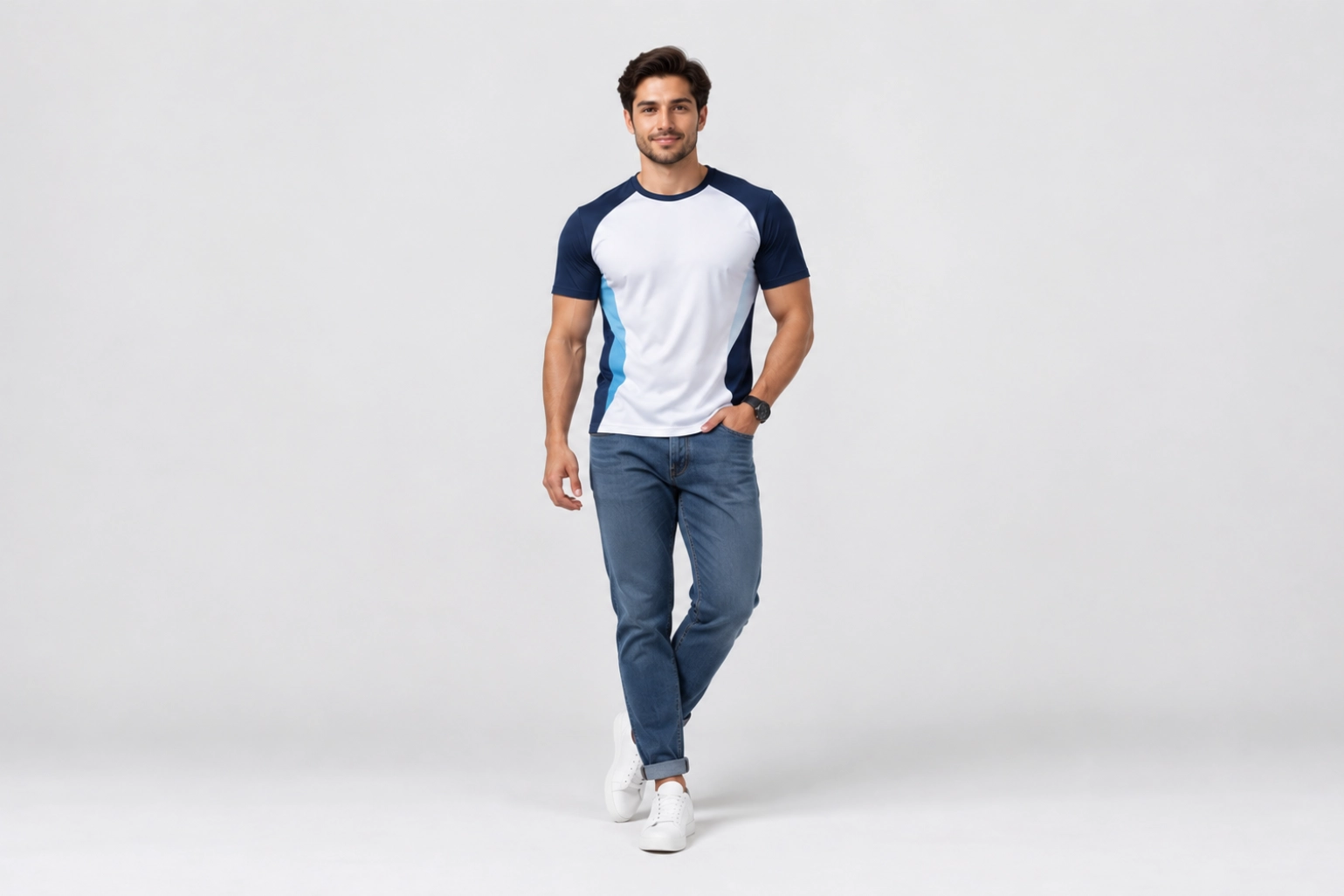 Man in a color-block white and navy T-shirt, blue jeans, and white sneakers posing against a light gray studio backdrop.