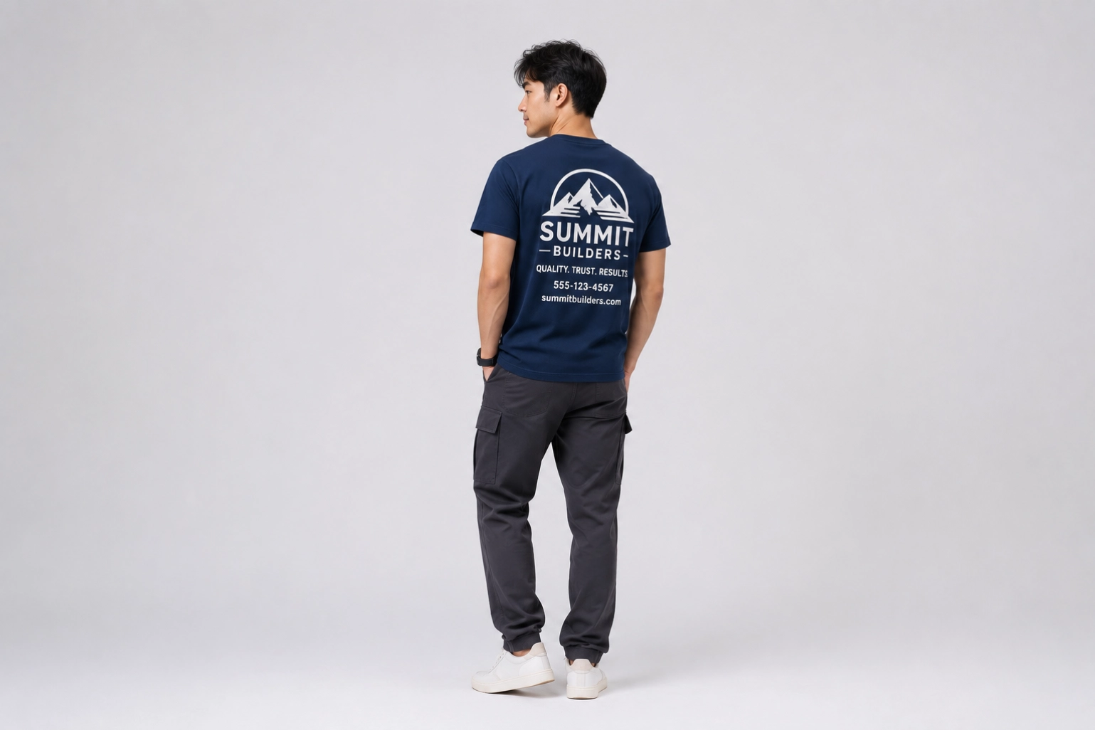 Back view of a man wearing a navy Summit Builders T-shirt with a mountain logo, paired with gray cargo pants and white sneakers.