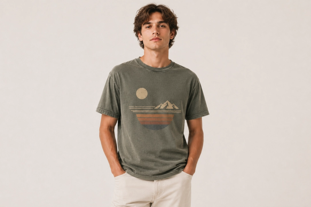 Young man wearing an olive-green graphic T-shirt with a retro sunset and mountains, hands in pockets.