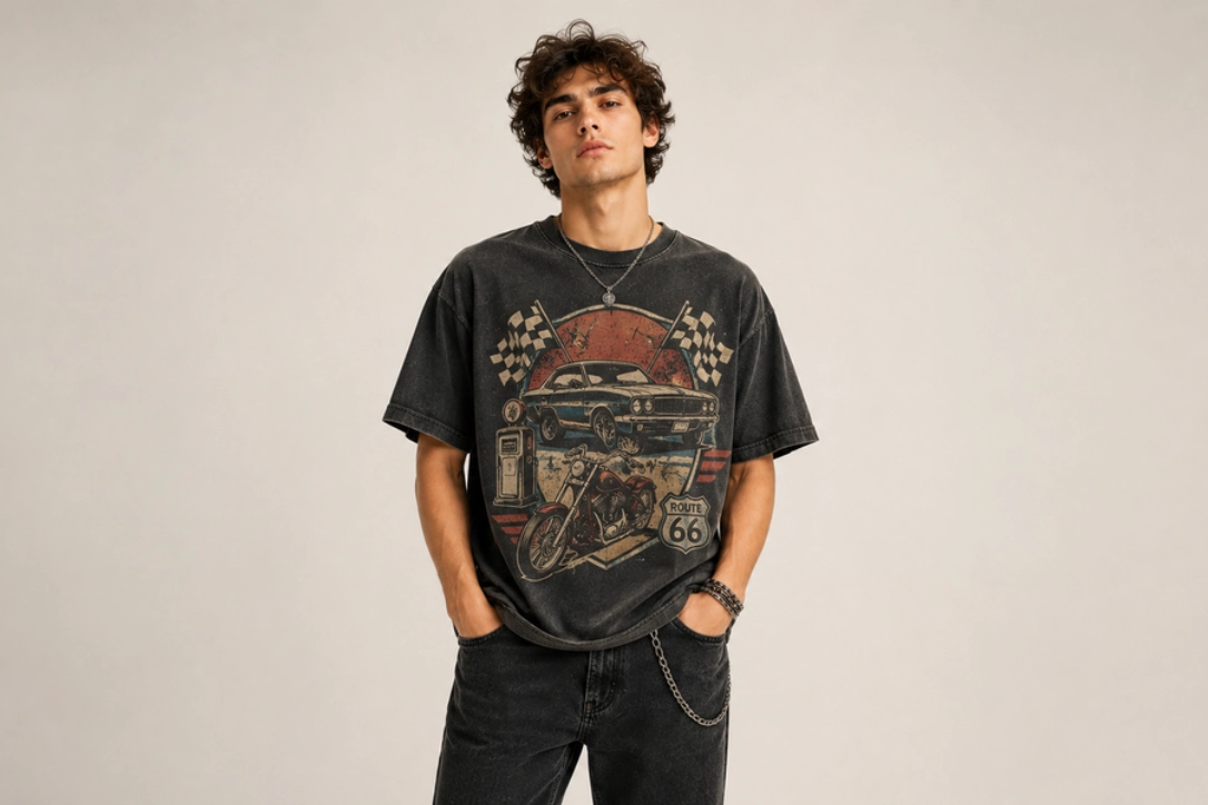 Young man wearing a vintage graphic black T-shirt and black jeans, hands in pockets, neutral studio background.
