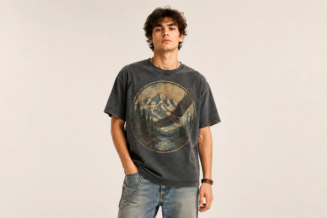 Young man wearing a dark vintage-style T-shirt with a circular mountain and eagle graphic, hands in pockets, neutral background.