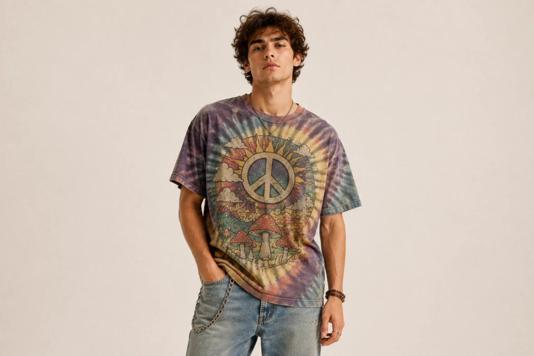 Young man in a multicolor tie-dye T-shirt with a peace symbol and mushroom design, posing with hands in pockets.