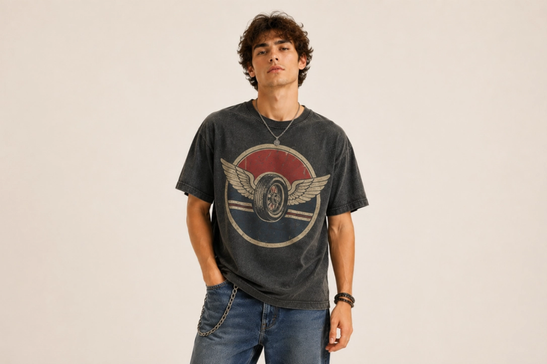 Young man in a distressed black T-shirt with a vintage circular winged-wheel graphic, standing with hands in pockets.