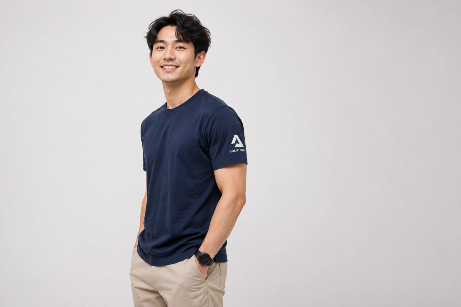 Smiling man wearing a navy T-shirt with an A SOLUTIONS logo on the sleeve and beige pants, hands in pockets against a light gray background.