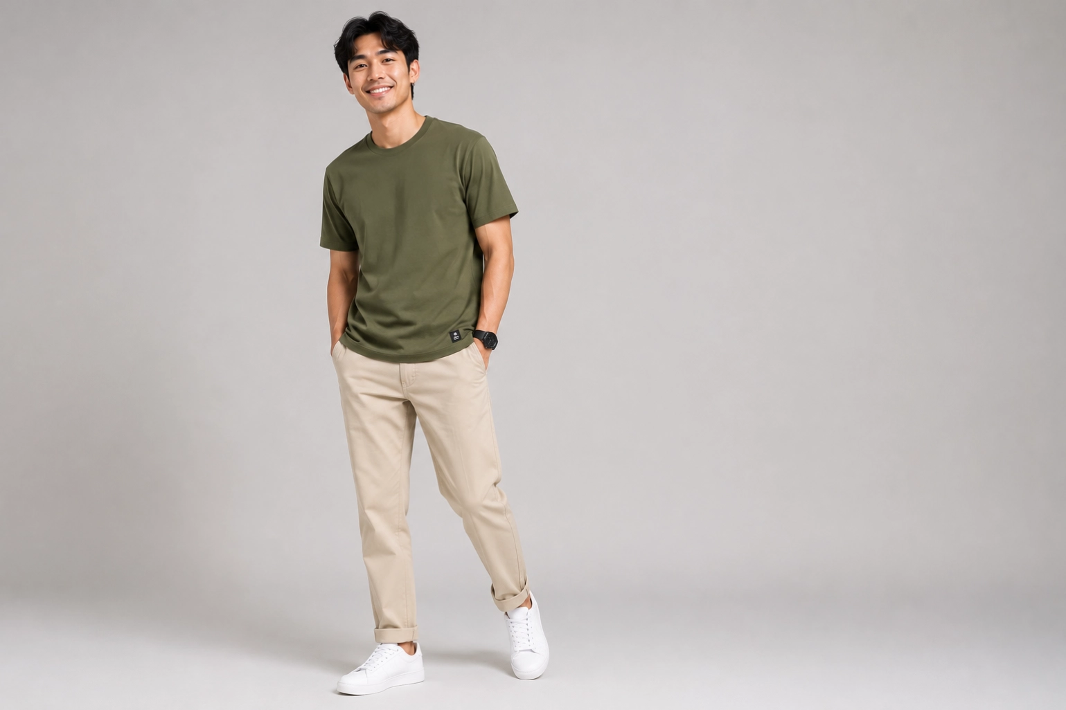 Smiling man in green T-shirt, beige pants, and white sneakers stands casually against a plain background, hands in pockets.