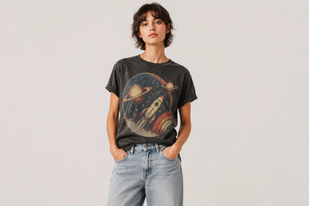 Young woman wearing a black graphic T‑shirt with a retro space scene (rocket and planets) and light blue jeans, hands in pockets.
