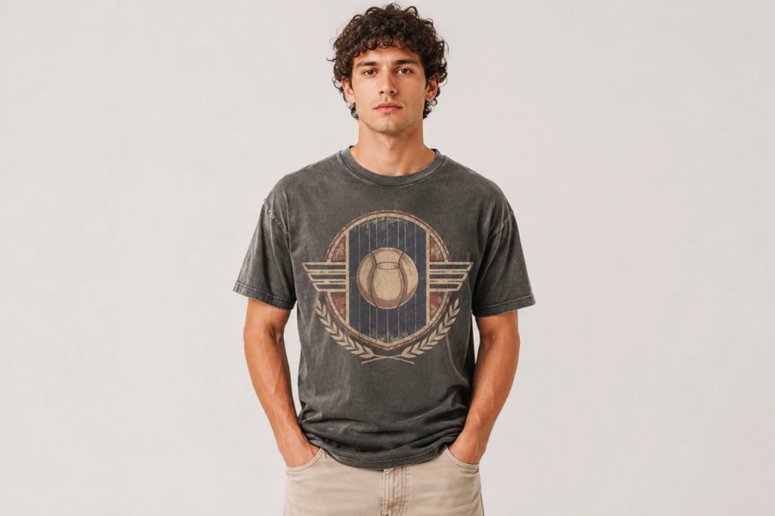 Young man wearing a dark gray vintage-style graphic t-shirt with a circular emblem and wings, standing with hands in pockets against a light backdrop.