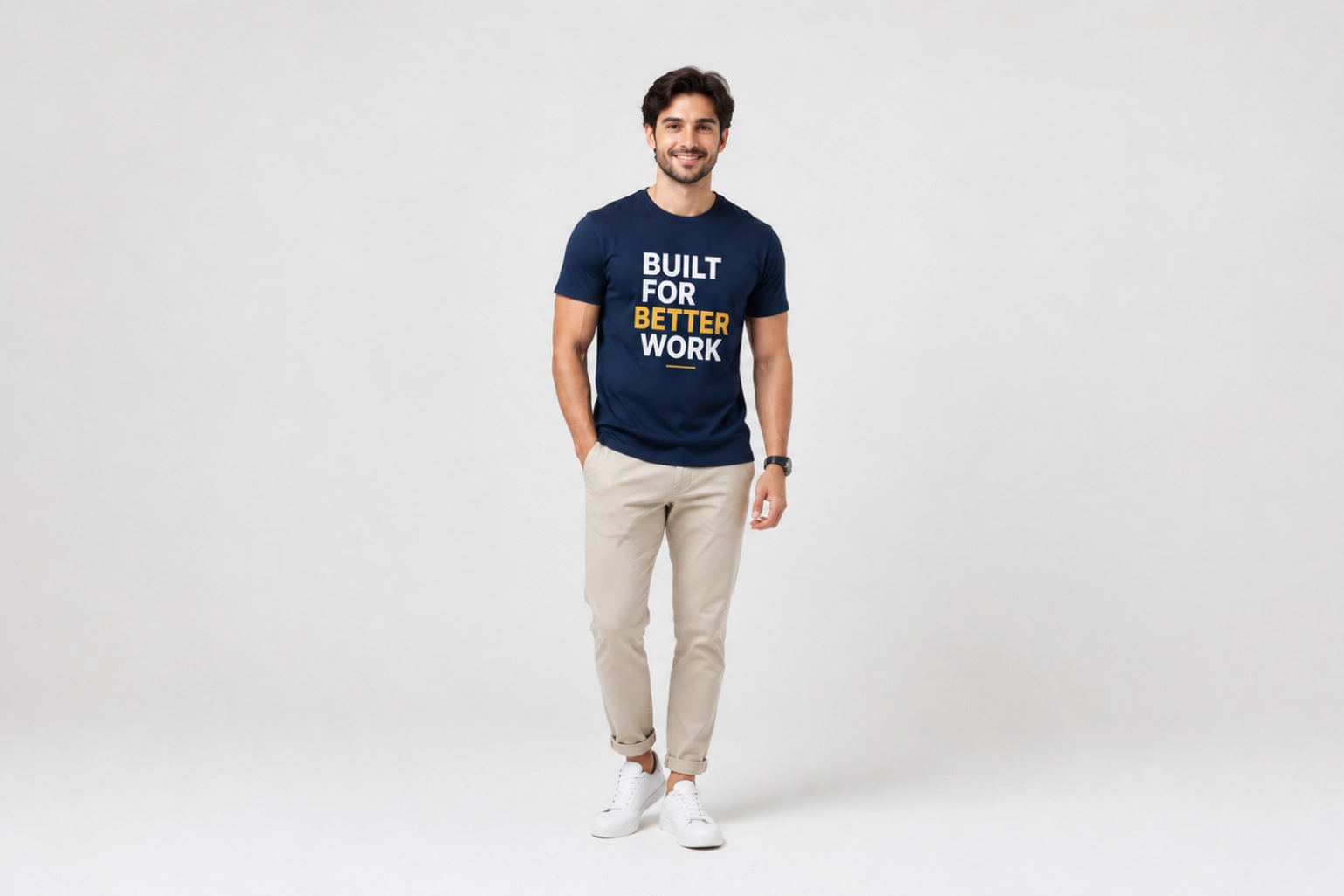 Smiling man in a navy T-shirt that reads 'BUILT FOR BETTER WORK', beige pants, and white sneakers, standing against a light background.