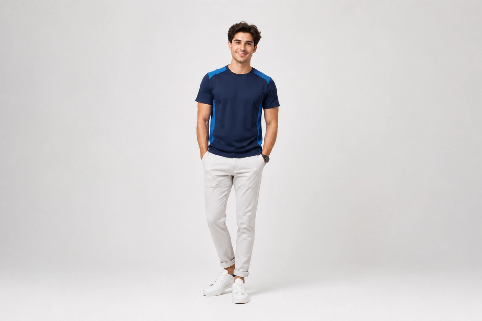 Young man in a navy T-shirt with blue side panels, light gray pants, and white sneakers, standing with hands in pockets.