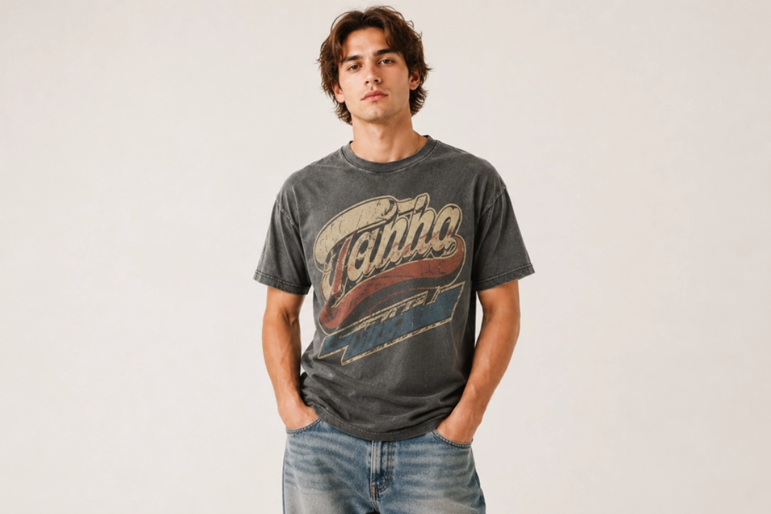 Young man wearing a vintage gray graphic T-shirt with red and blue swoosh, standing with hands in pockets.