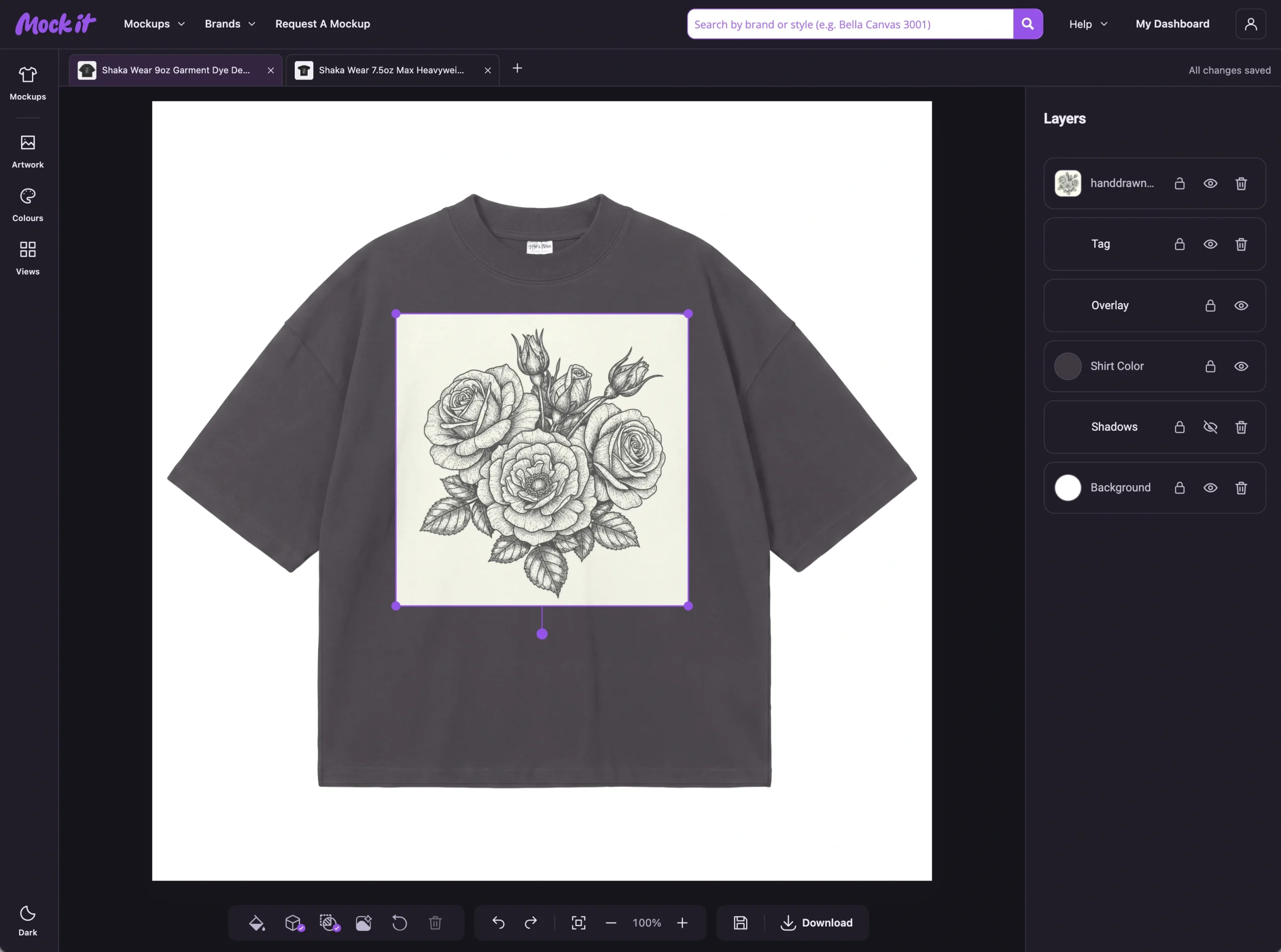 Rose bouquet artwork with its pale rectangular background on a grey garment
