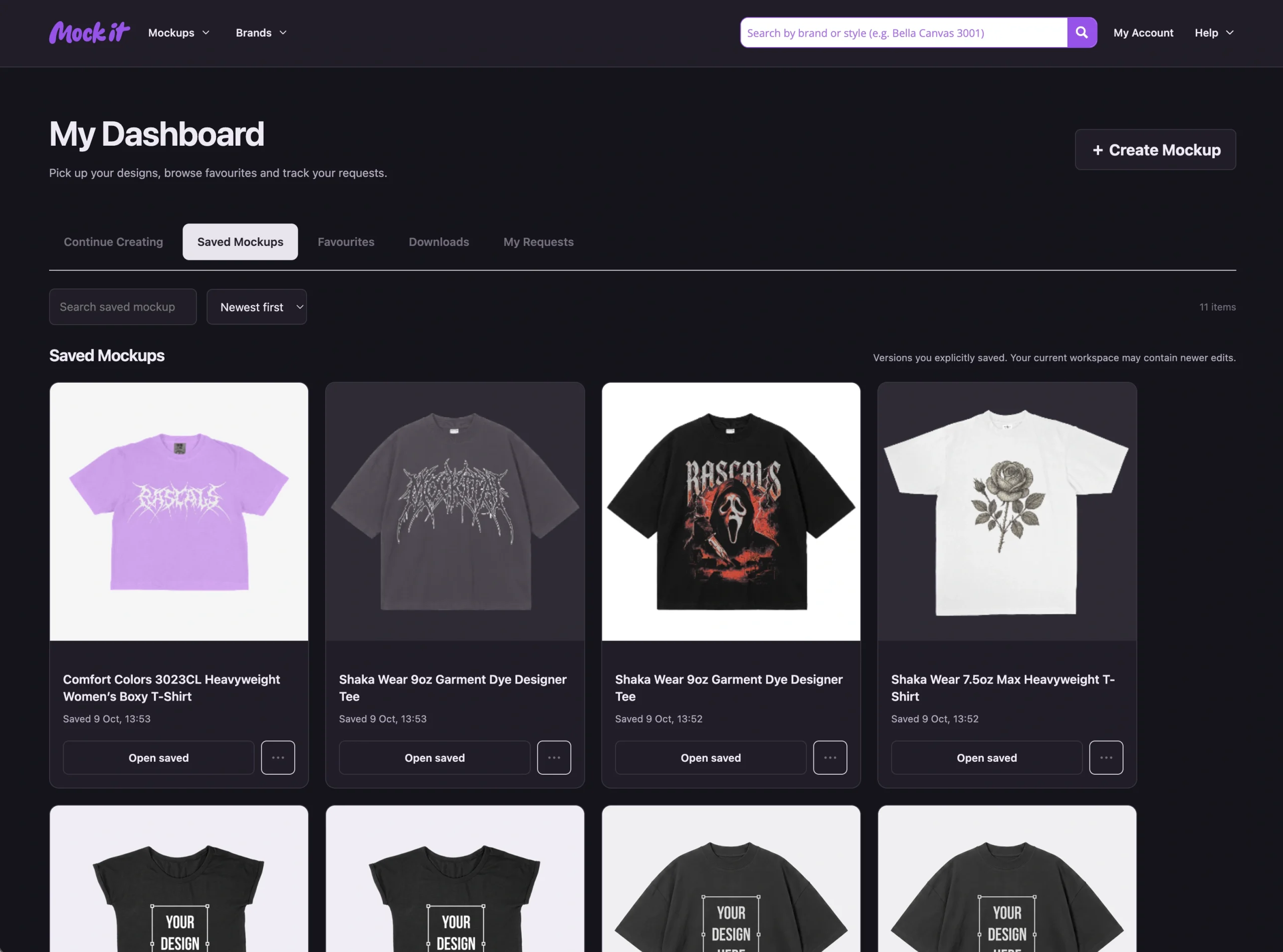 Saved Mockups tab with explicitly saved versions