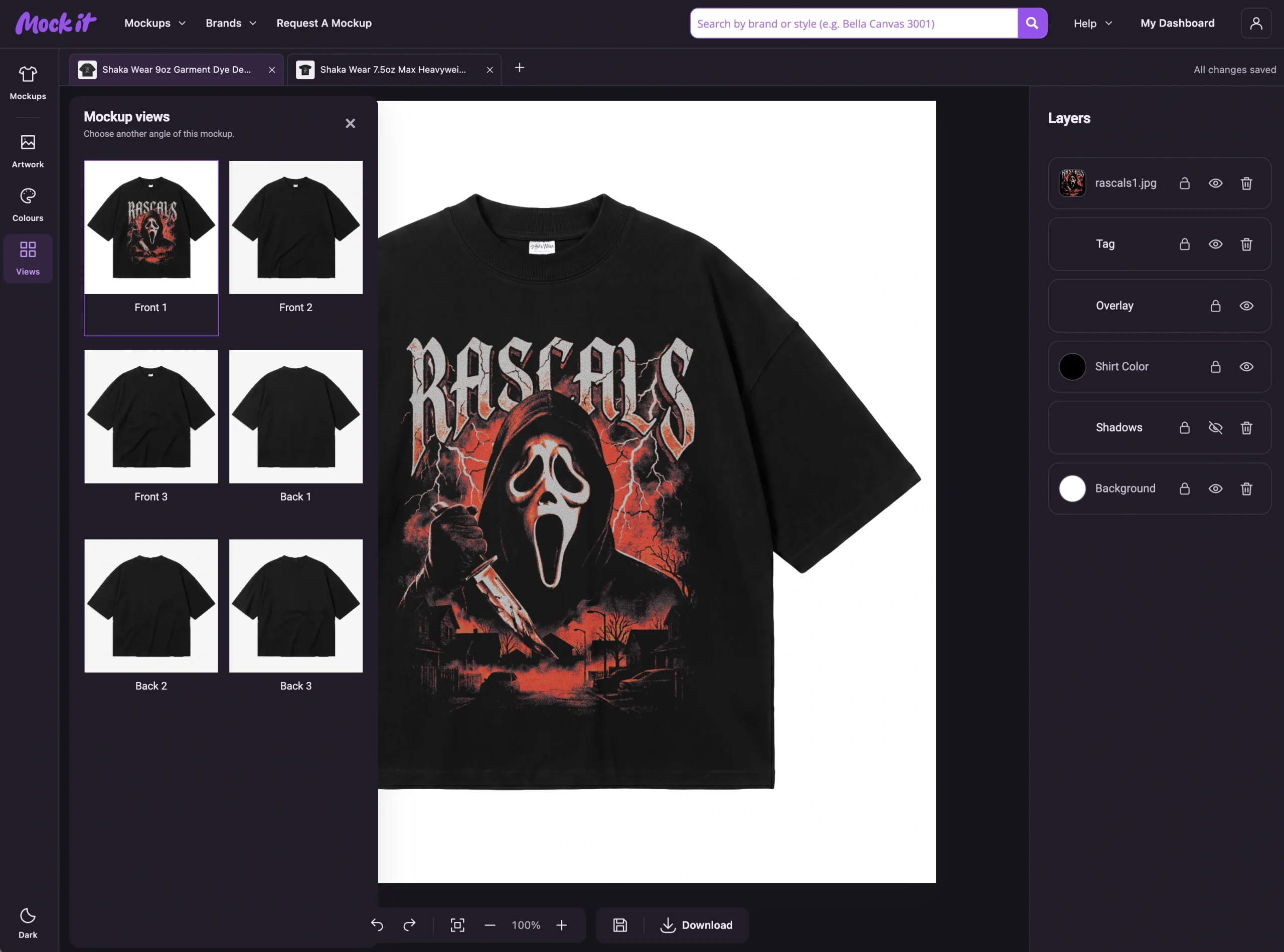 Mockup views panel showing available garment angles