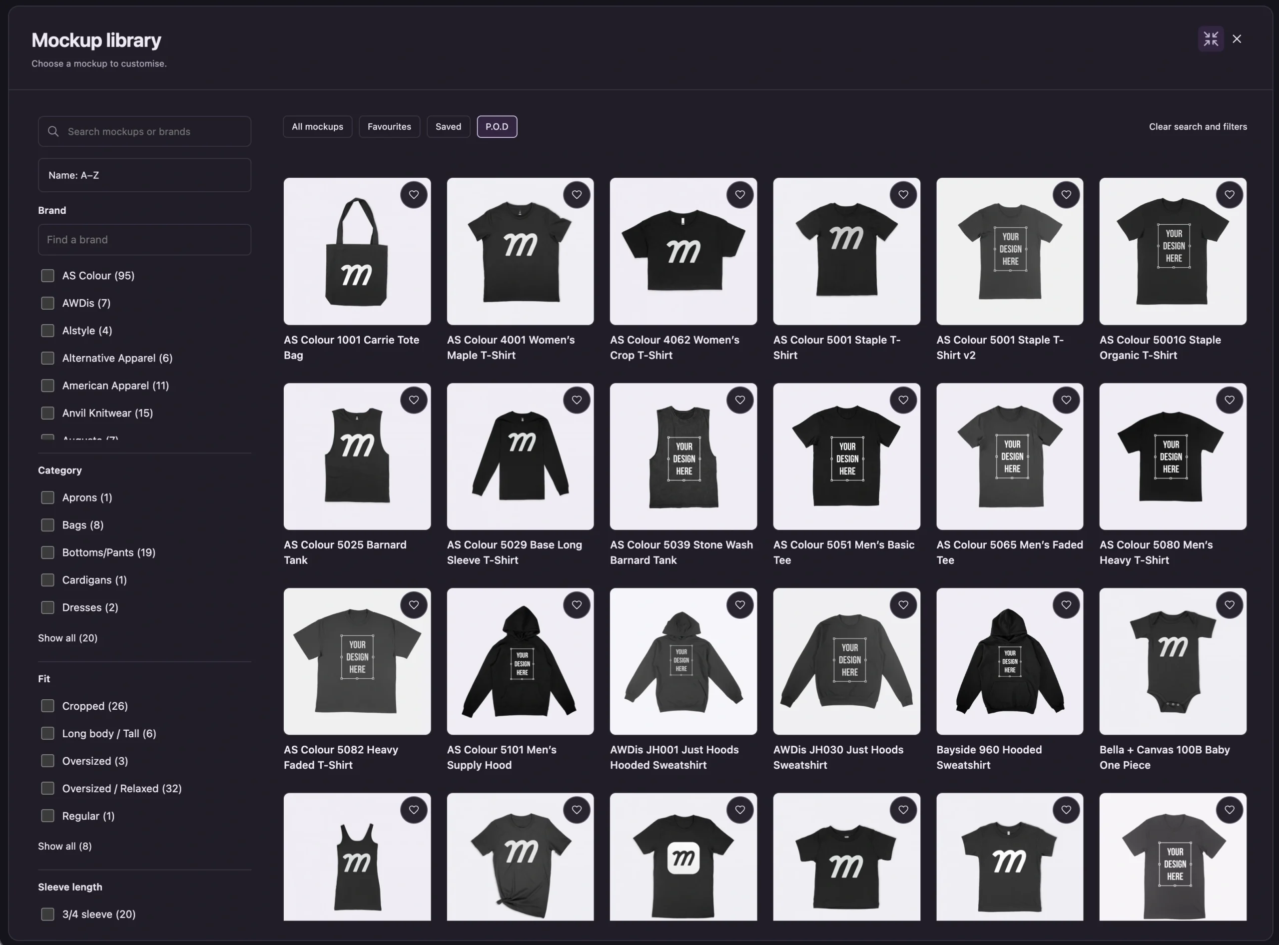P.O.D mockup library showing eligible garments