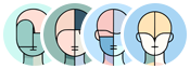 Illustration of four abstract human face profiles shown from different angles in pastel colours