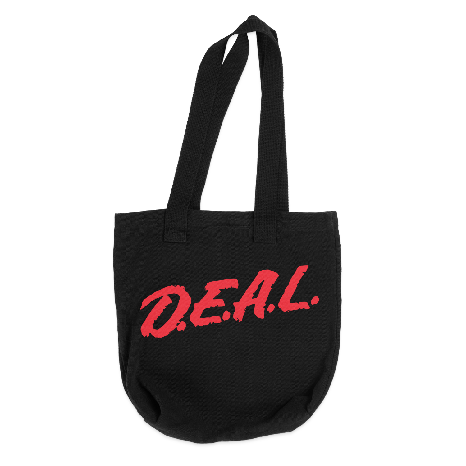 Black tote bag with bold red 'DEAL' text, handle straps.