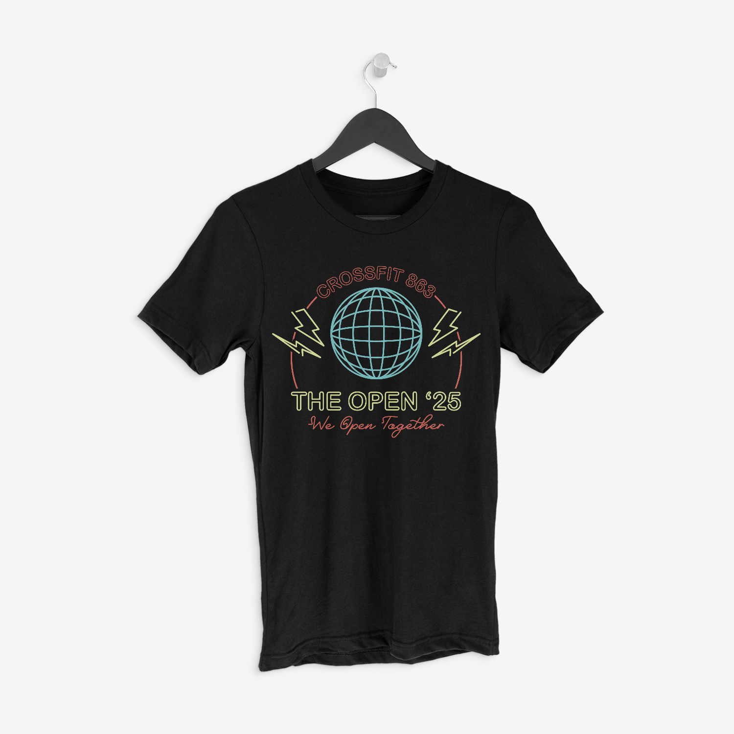 Black t-shirt with 'CrossFit 863' and globe design.