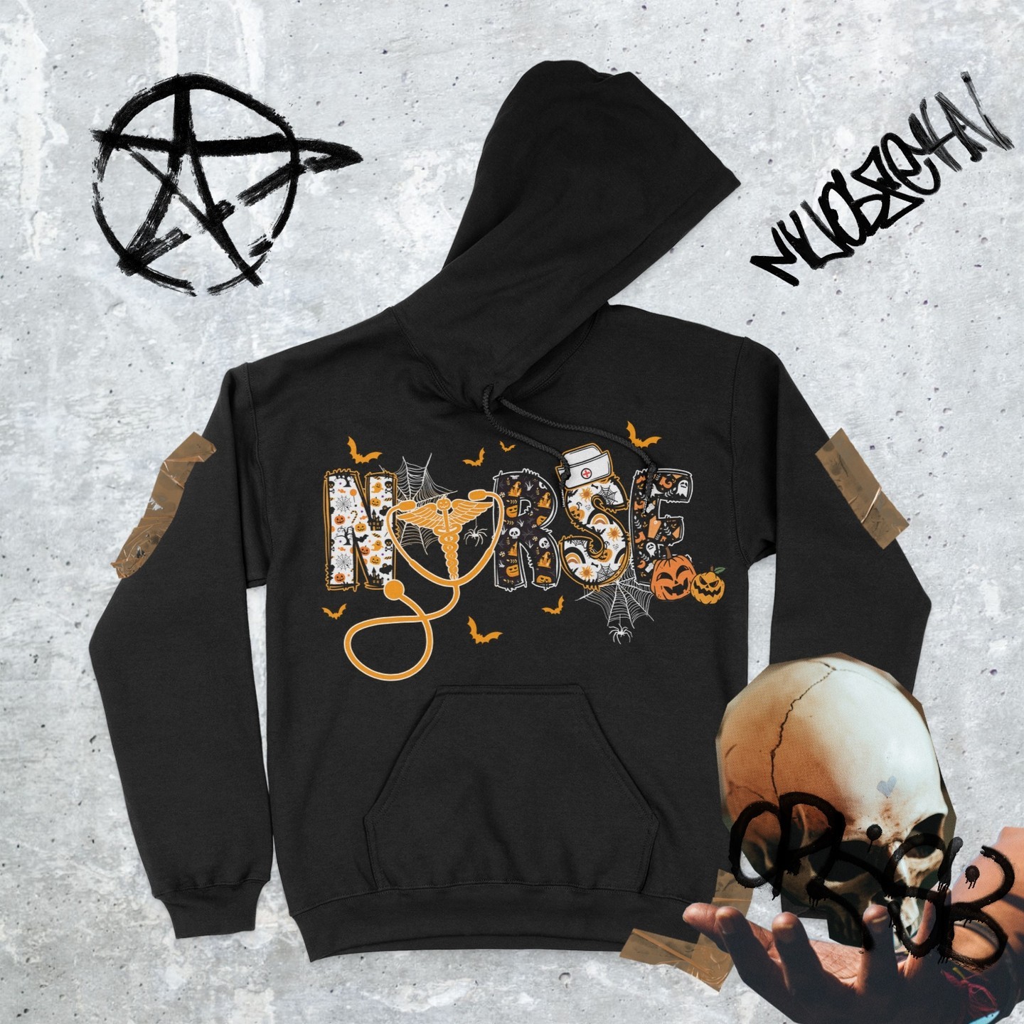 Black hoodie with Halloween nurse graphic and patches.