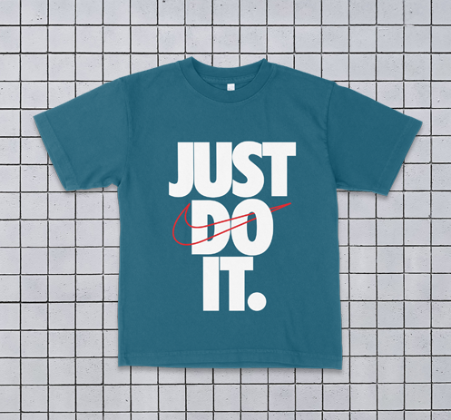 blue child t-shirt on tiled background with Just Do It text.