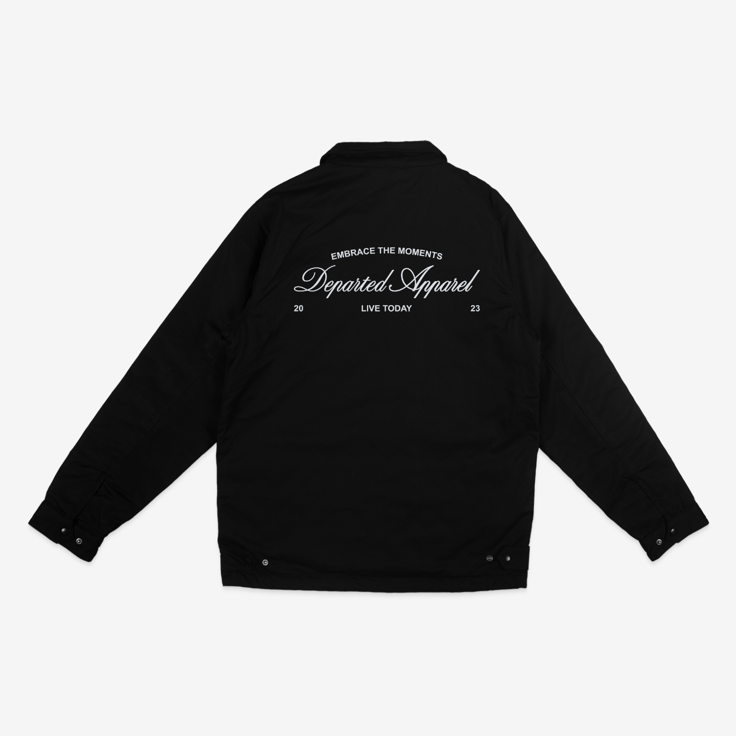 Black jacket with EMBRACE THE MOMENTS 2023 LIVE TODAY design.
