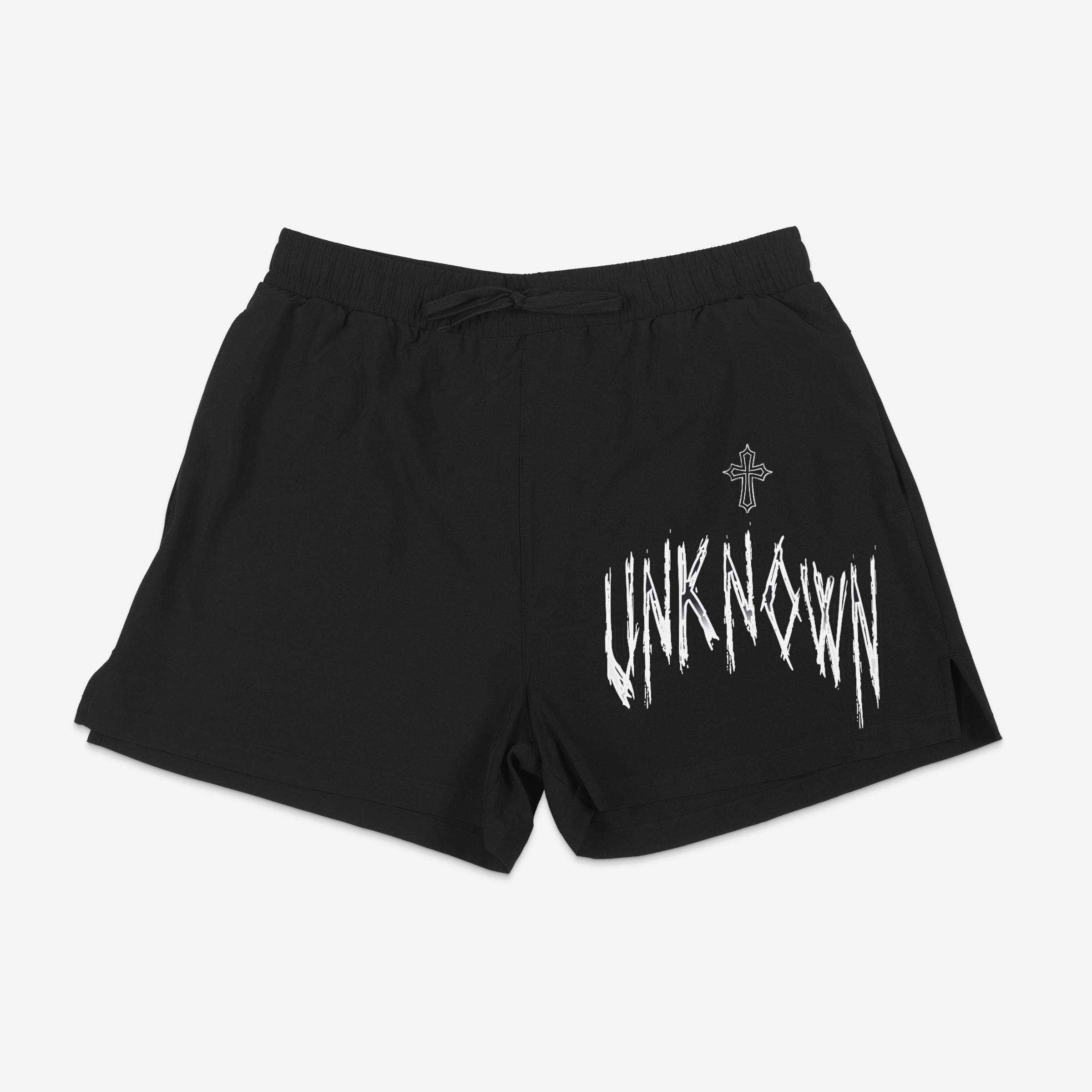 Black shorts with UNKNOWN text and cross design.