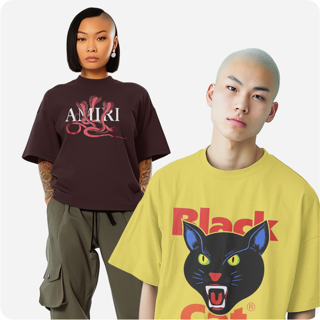 Diverse individuals wearing branded t-shirts - athleisure and streetwear fashion.