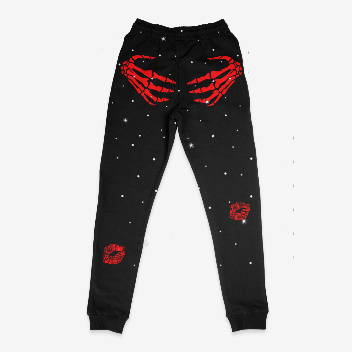 Black pants with red skull, lips, and starry background.