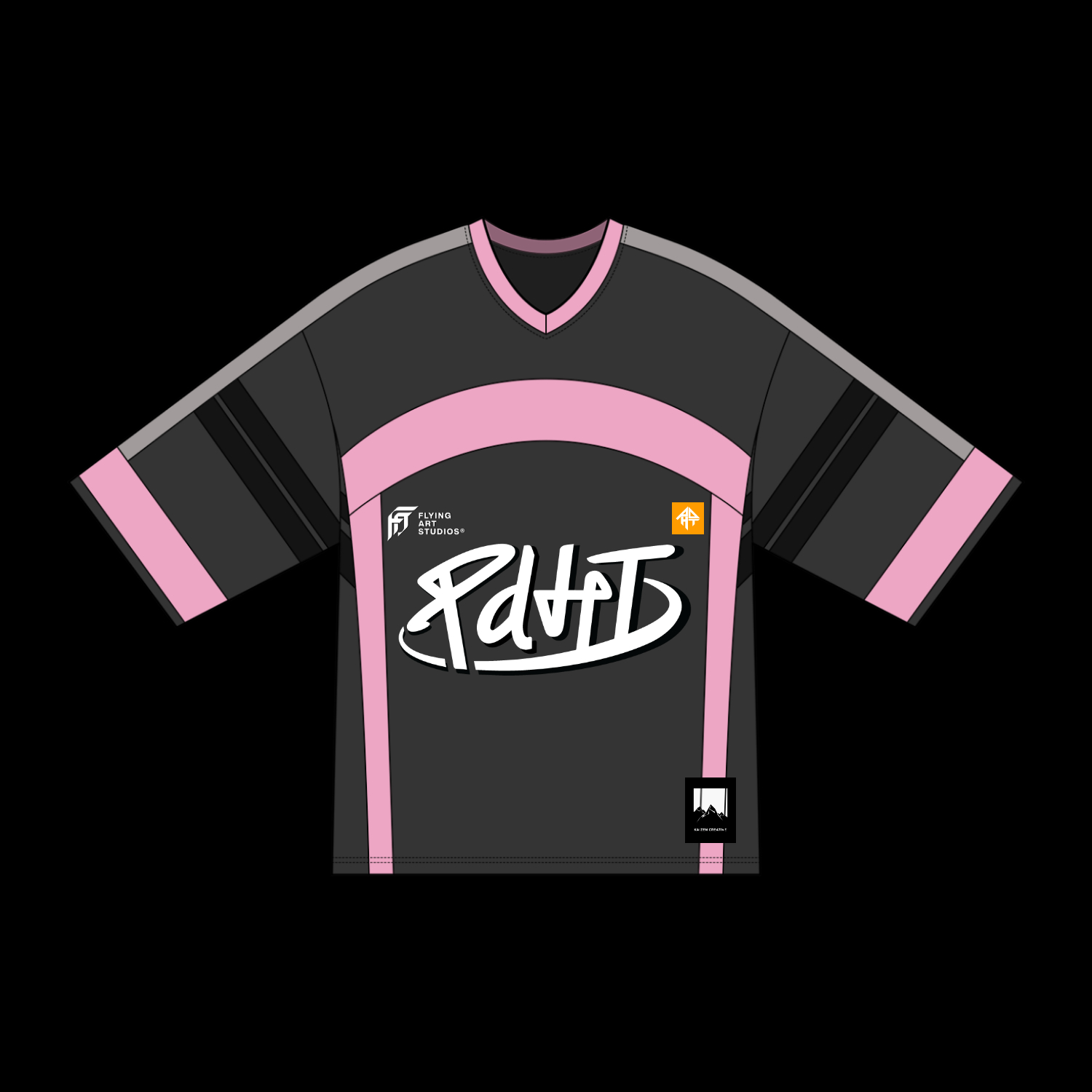 Gray pink v-neck shirt with sports logo design.