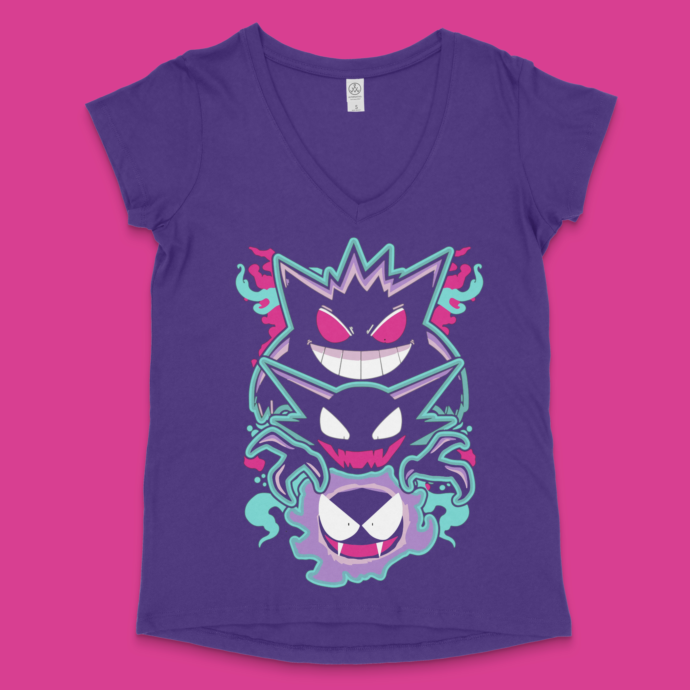 Purple v-neck shirt featuring spooky ghost smiley design.