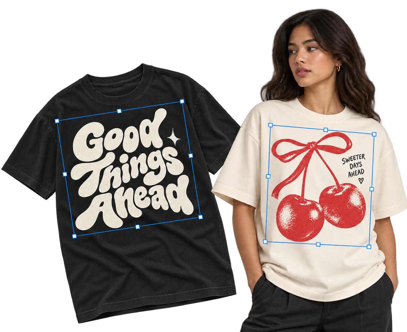 Black graphic T-shirt and woman wearing an ivory cherry-print T-shirt, with blue artwork controls